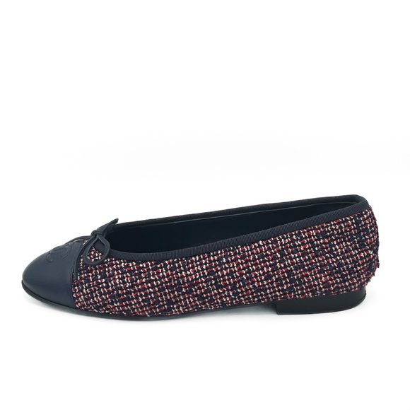 Chanel Navy Red Tweed Leather Interlocking CC Cap Toe Ballet Flats Size 38 - Picture 2 of 8